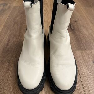 All Saints white leather lug sole Chelsea boots.